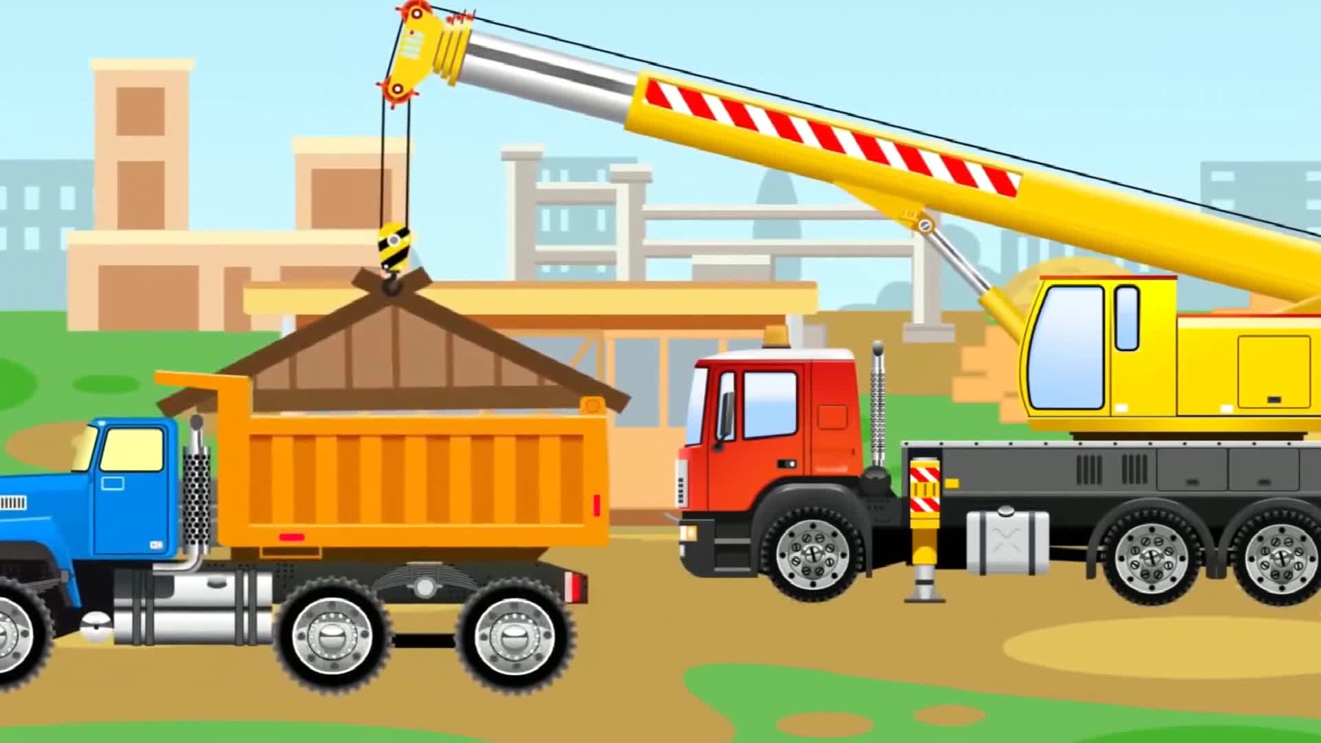 工程车挖掘机益智动画 吊车起重机修建木屋   